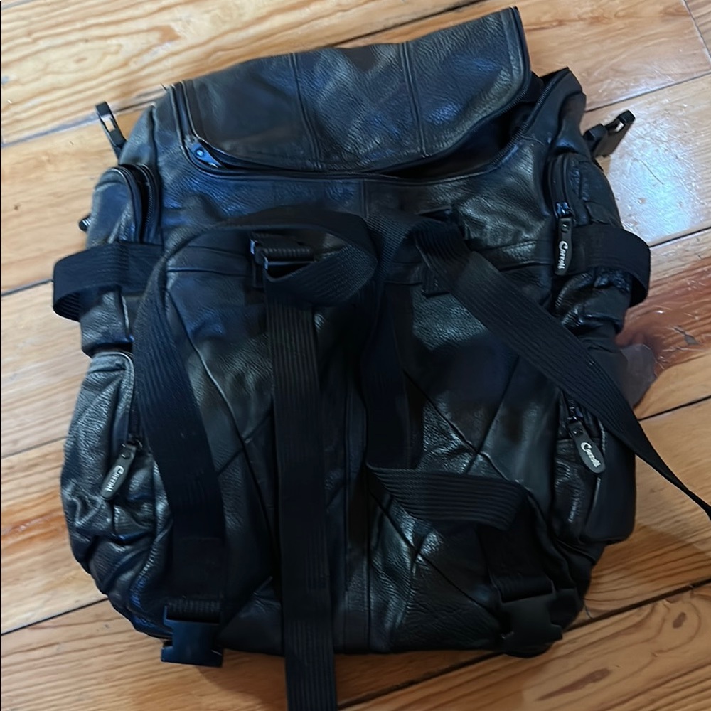 NWOT Leather Large Road Pack, Black, Carroll Brand.  Multi-zip compartments.